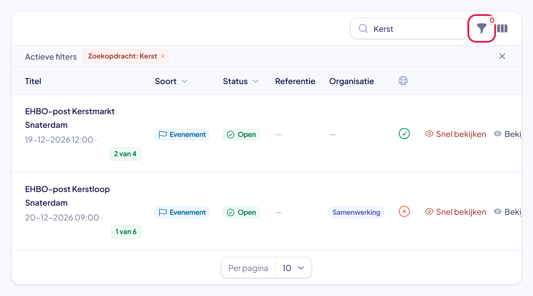 De tabel met activiteiten, gezocht op Kerst, met rechtsboven het trechtertje voor de filters gemarkeerd