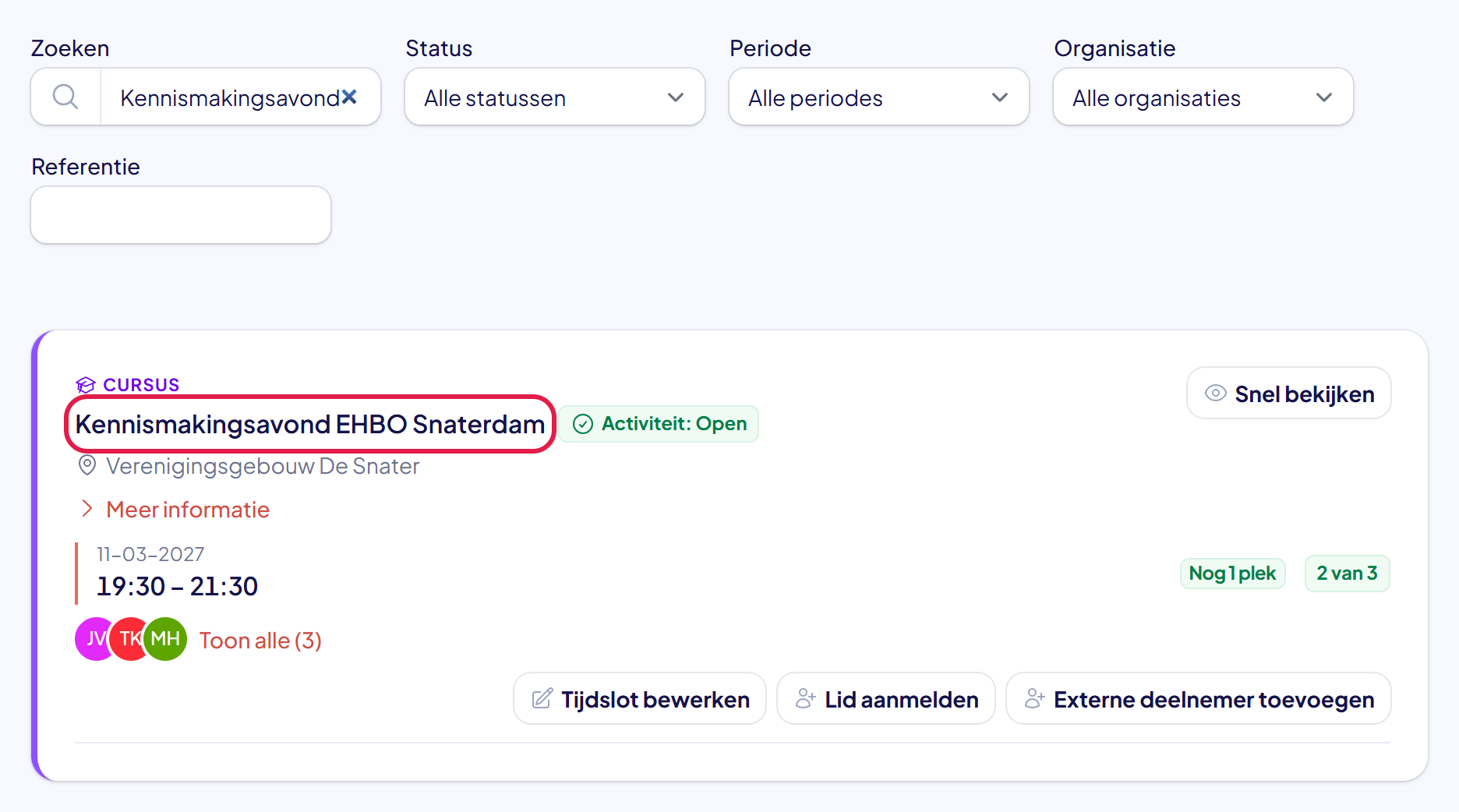 De pagina Activiteiten met een zoekwoord ingevuld en de naam van de gevonden activiteit gemarkeerd