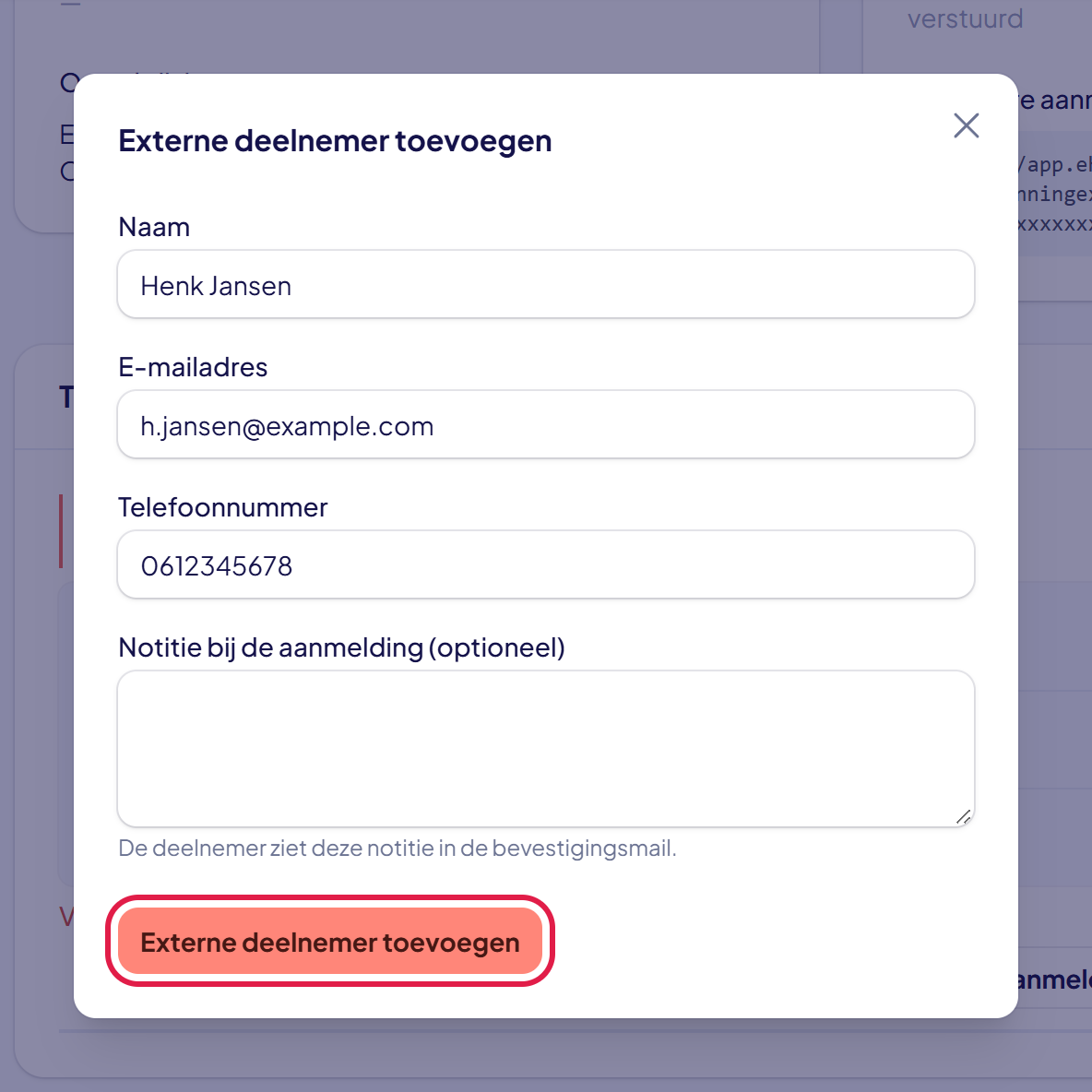 Het venster Externe deelnemer toevoegen met naam, e-mailadres en telefoonnummer ingevuld en de knop Externe deelnemer toevoegen gemarkeerd