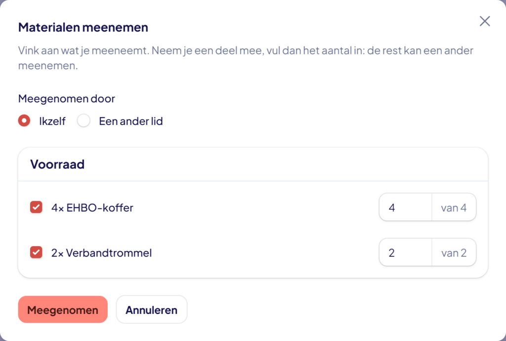 Het venster Materialen meenemen met de voorraad, het aantal per materiaal en wie het meeneemt